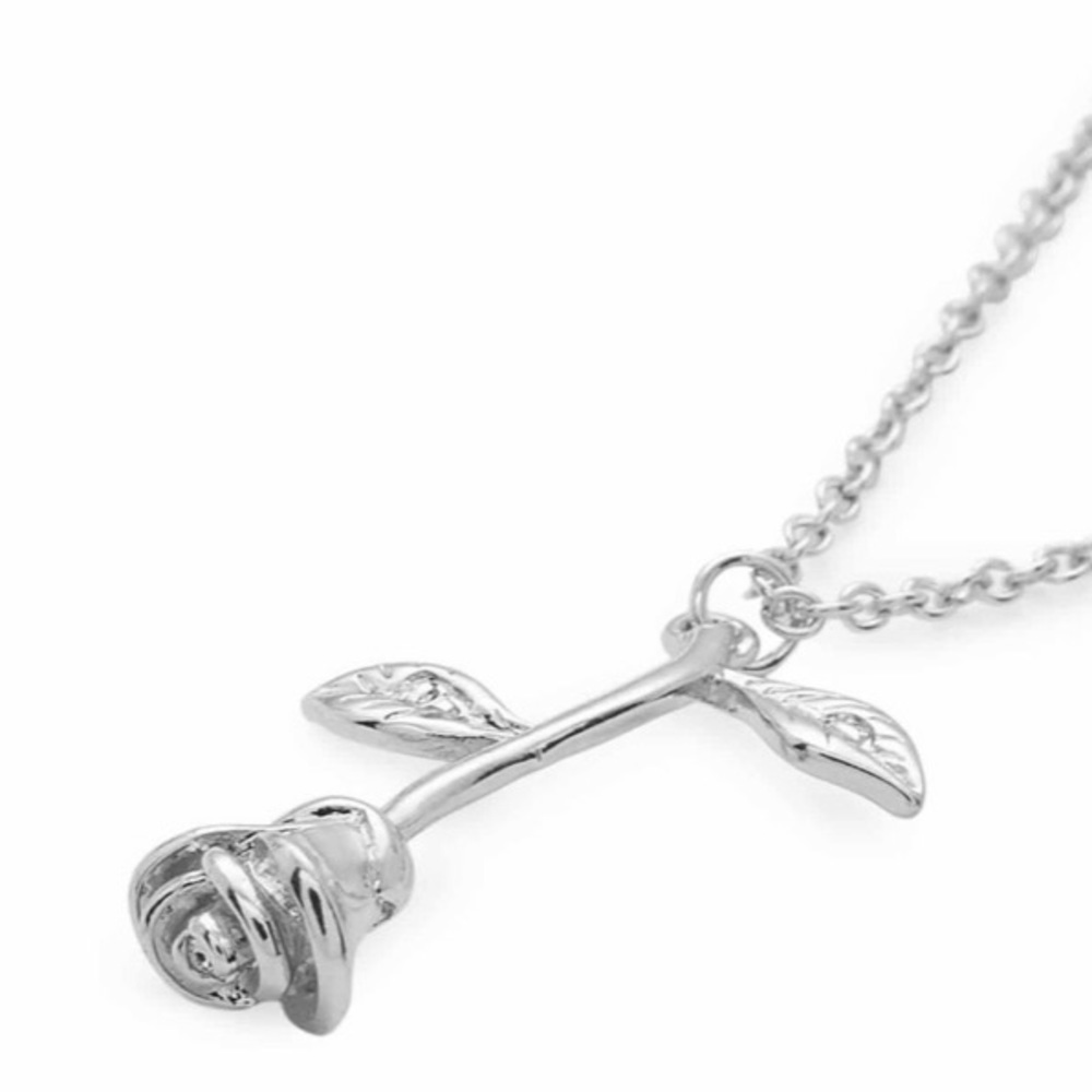 Silver Tone Classy Simple Rose Detail Pendant Necklace